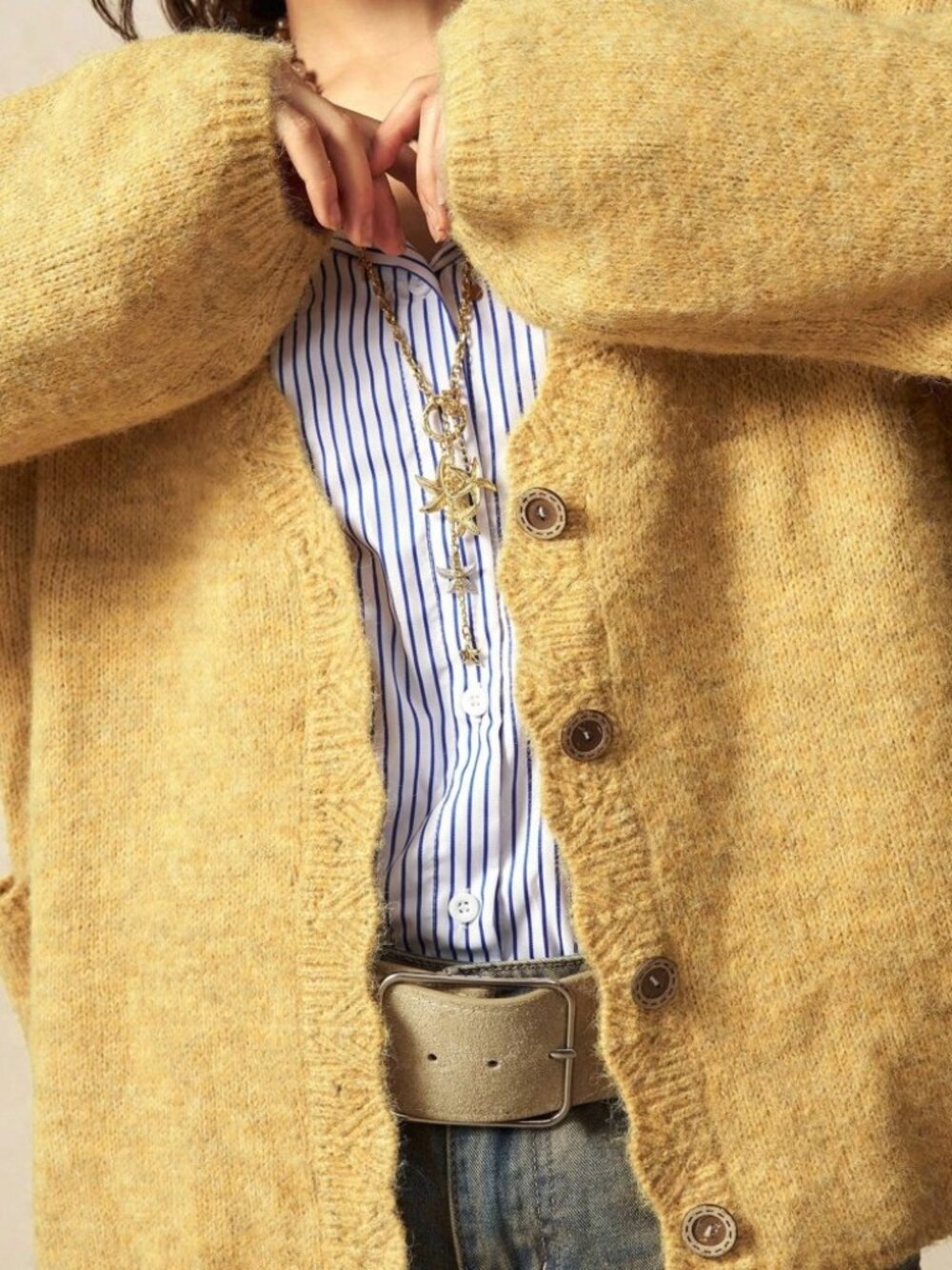 Golden Yellow Knit Cardigan, Loose V-Neck Button Front - Picture 5 of 8